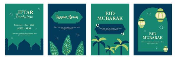 Set of Happy Eid Mubarak and Ramadan Kareem greeting with modern illustration on blue and green background for card, poster and banner vector