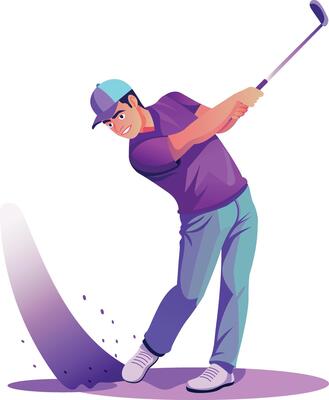 Professional golfer hitting bunker shot, flat illustration