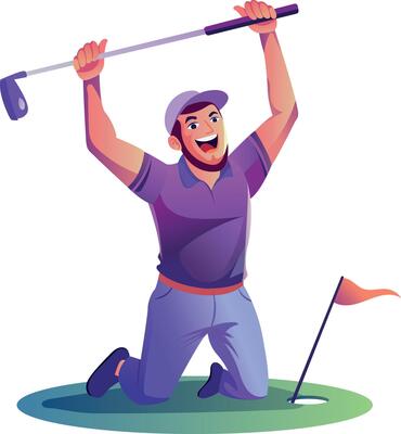 Happy golfer at hitting shot aim, flat illustration