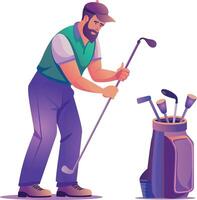Man taking out club from golf kit, flat illustration vector