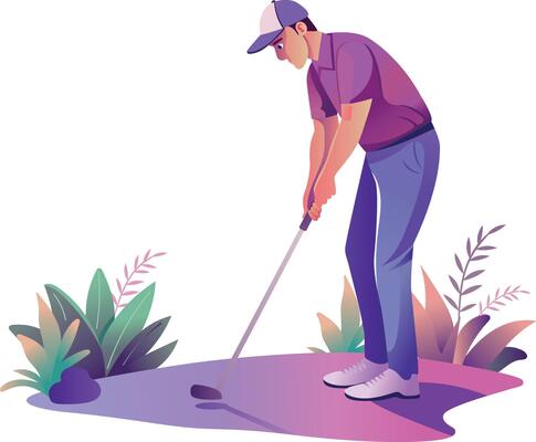 Man planning tee shot, flat style illustration