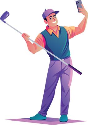 Golfer player taking selfie, flat style illustration
