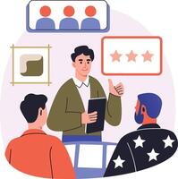 Project manager giving feedback to team, flat illustration vector