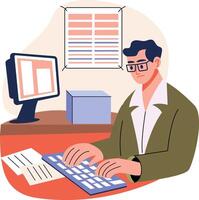 Employee doing data entry, flat style illustration vector