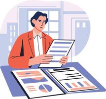 Analyst working on business report, flat illustration vector