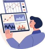 Analyst checking on market trends, flat illustration vector
