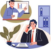 Employee doing call meeting with client, flat illustration vector