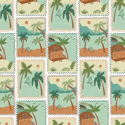 Summer vacation seamless pattern. Tropical beach landscape background. Travel stamps, hand drawn palm tree, sea, cabin, surfboard, print, stamps