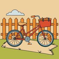 Bicycle Leaning Against a Wooden Fence with a Picnic Illustration vector
