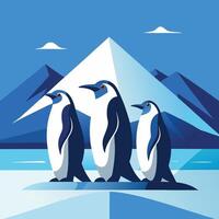 Icon of Penguins Standing on Ice with Snowflakes in the Background vector
