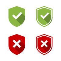 Shield checkmark and cross mark icon with long shadow. Defense, protection sign symbol vector