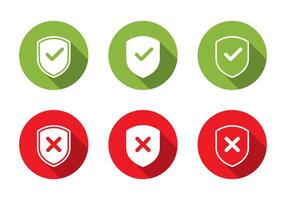 Shield with check cross mark icon set with long shadow. Security defense sign symbol vector