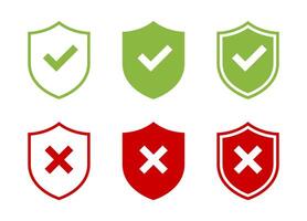 Shield with check and cross mark icon set in flat design. Security defense sign symbol vector