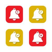 Bell with exclamation mark, time, checkmark, and cross mark icon with long shadow. Notification symbol on square background vector