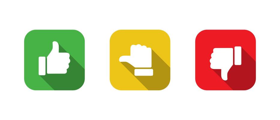 Like, neutral, and dislike thumb icon with long shadow. Up, middle, and down hand sign symbol on square background