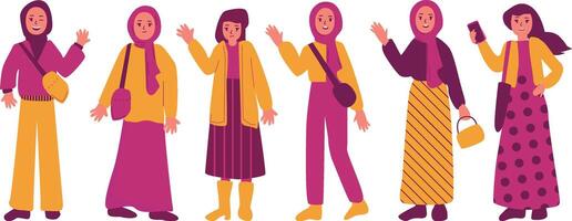 illustration of various styles of Muslim women wearing hijabs with soft minimalist clothes. Perfect for cultural representation, lifestyle design, social media content or inclusive branding pro vector