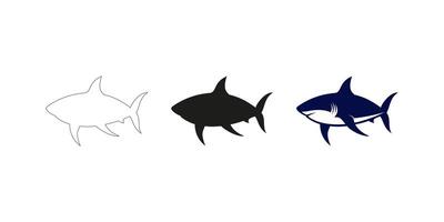 Three Shark Illustrations in Different Styles - Editable Stroke Outline, Silhouette, and Color Art vector