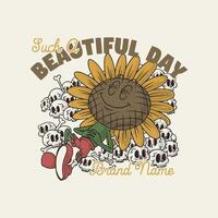 sunflower lying on a bunch of skulls retro cartoon mascot vector