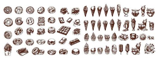 Hand-drawn vintage sketch set of donuts, ice cream, and sweets vector
