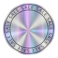 Round hologram sticker with text Sale with empty place for discount numbers. Neon label with holographic effect. Isolated Shiny rainbow tag for business. vector
