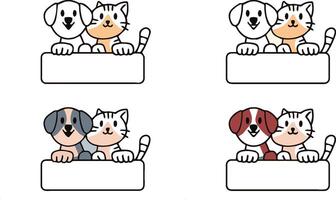 set of Cartoon dog and cat peeking over a blank board, with joyful expressions. vector