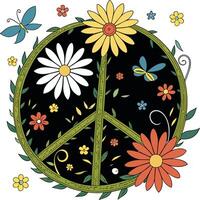 A vibrant and colorful peace symbol made of intertwining green vines and flowers vector