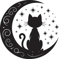A black and white illustration of a cat sitting on a crescent moon vector