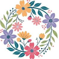 a circular wreath made up of colorful flowers and leaves vector