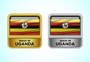 Made in Uganda label icon in gold and silver color. Flag icon set for business vector