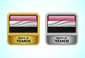 Made in Yemen label icon in gold and silver color. Flag icon set for business vector