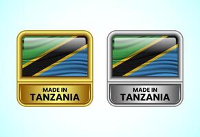 Made in Tanzania label icon in gold and silver color. Flag icon set for business vector