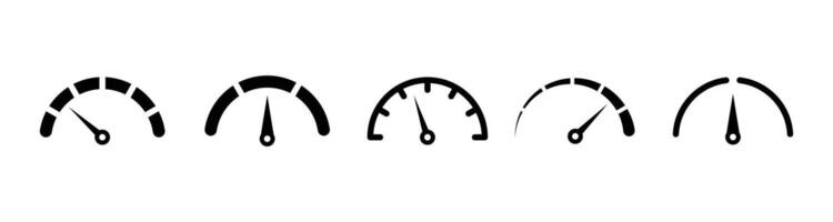 Risk meter icon set. Scale Low, Medium or High risk on speedometer, Set of gauges from low to high. vector