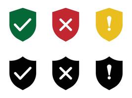 Security protection shields icon set. Safe and unsafe sign symbol, Shield check mark and cross icon suspicious activity. vector