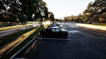 Serene sunset over a quiet parking lot with trees in a suburban area video