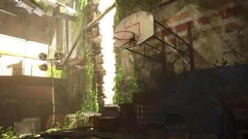 Old basketball and abandoned court filled with greenery in urban decay video