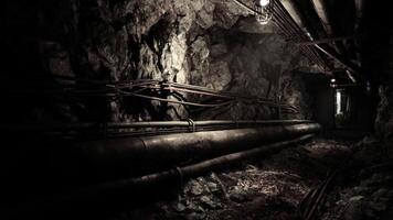 Exploring the dimly lit underground bunker with exposed pipes and rocky walls video
