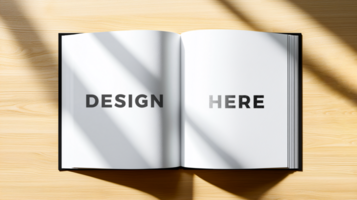 Book page mockup on top of wooden table with shadow cast for design placement psd