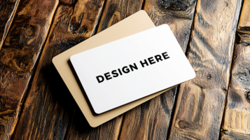 Business card mockup with rounded corner on old wooden table for branding and identity psd