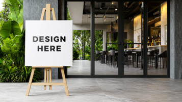 Canvas mockup with easel placed in front of modern restaurant for announcement psd