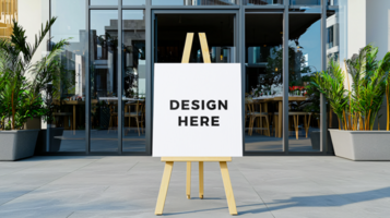 Canvas mockup with easel placed in front of modern restaurant for information media psd