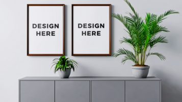 Frame mockup hanging on wall above grey cabinet for design placement psd