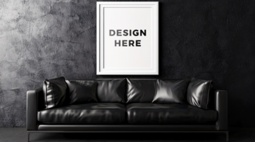 Frame mockup on living room with black leather sofa for art placement psd