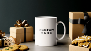 Mug mockup placed on table near a gift box and cookie for design placement psd