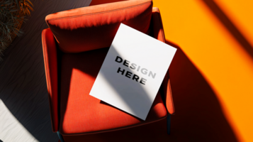 Paper mockup placed on top of chair with shadow cast for flier and invitation design psd