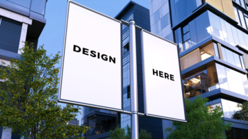 Pole banner mockup with modern building as background for marketing and announcement psd