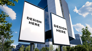 Pole banner mockup with modern building as background psd