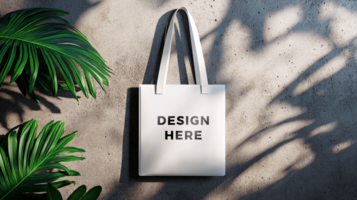 Tote bag mockup hanged on concrete wall with shadow cast for art placement psd