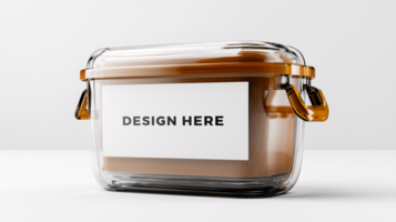 Transparent plastic container mockup with label on white background for branding psd