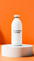 Water bottle mockup placed on podium in front of orange background for branding psd