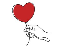 A hand holding a red heart-shaped with balloon line art vector